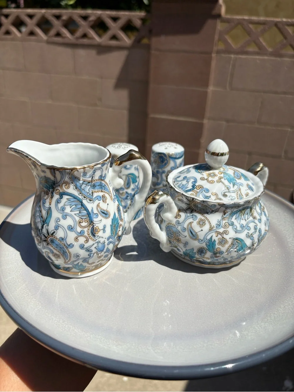 Vintage Lefton China 4-pc Set Blue Paisley Creamer & Sugar Bowl w/ Lid and S&P